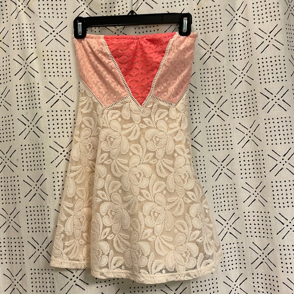 Cream and Pink Lace Boho Strapless Minidress
